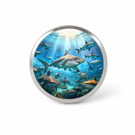 Lots Of Swimming Sharks Novelty Hat Backpack Lapel Pin