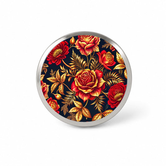 Neon Red And Gold Rose Floral Pattern Novelty Hat Backpack Lapel Pin