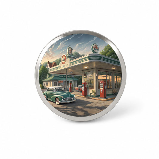Retro Americana 1950's Main Street Gas Station Novelty Hat Backpack Lapel Pin