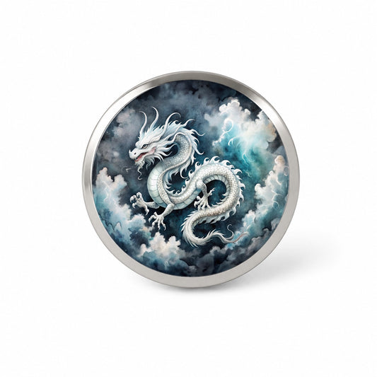 White Asian Dragon On Black Watercolor Novelty Hat Backpack Lapel Pin