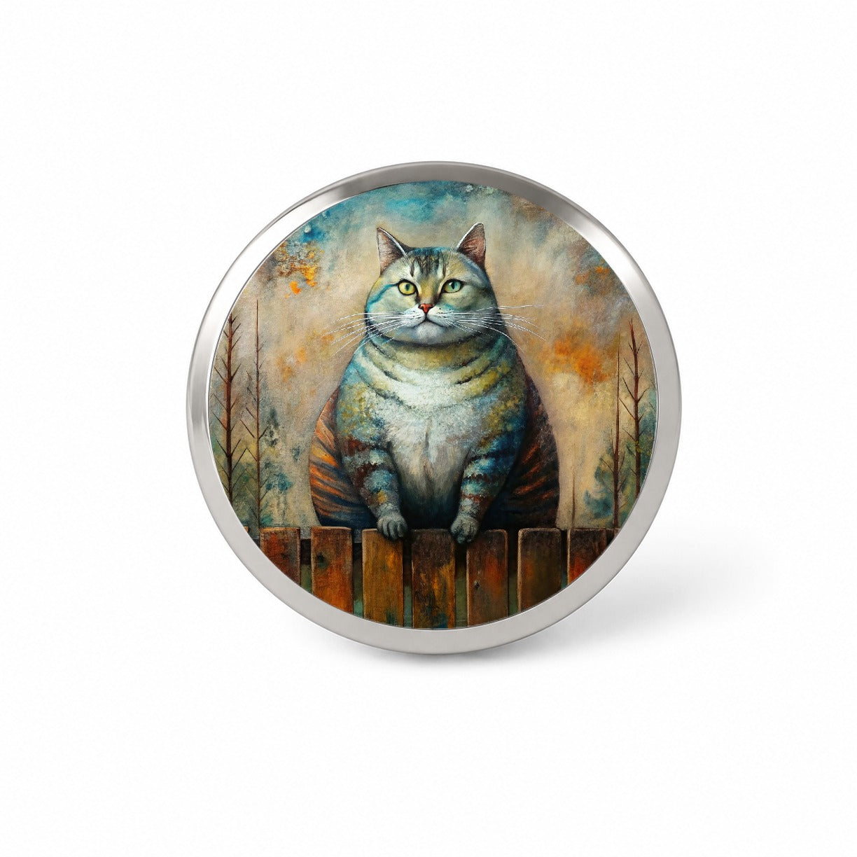 Fat Chunky Alley Cat Sitting On Fence Abstract Art Novelty Hat Backpack Lapel Pin