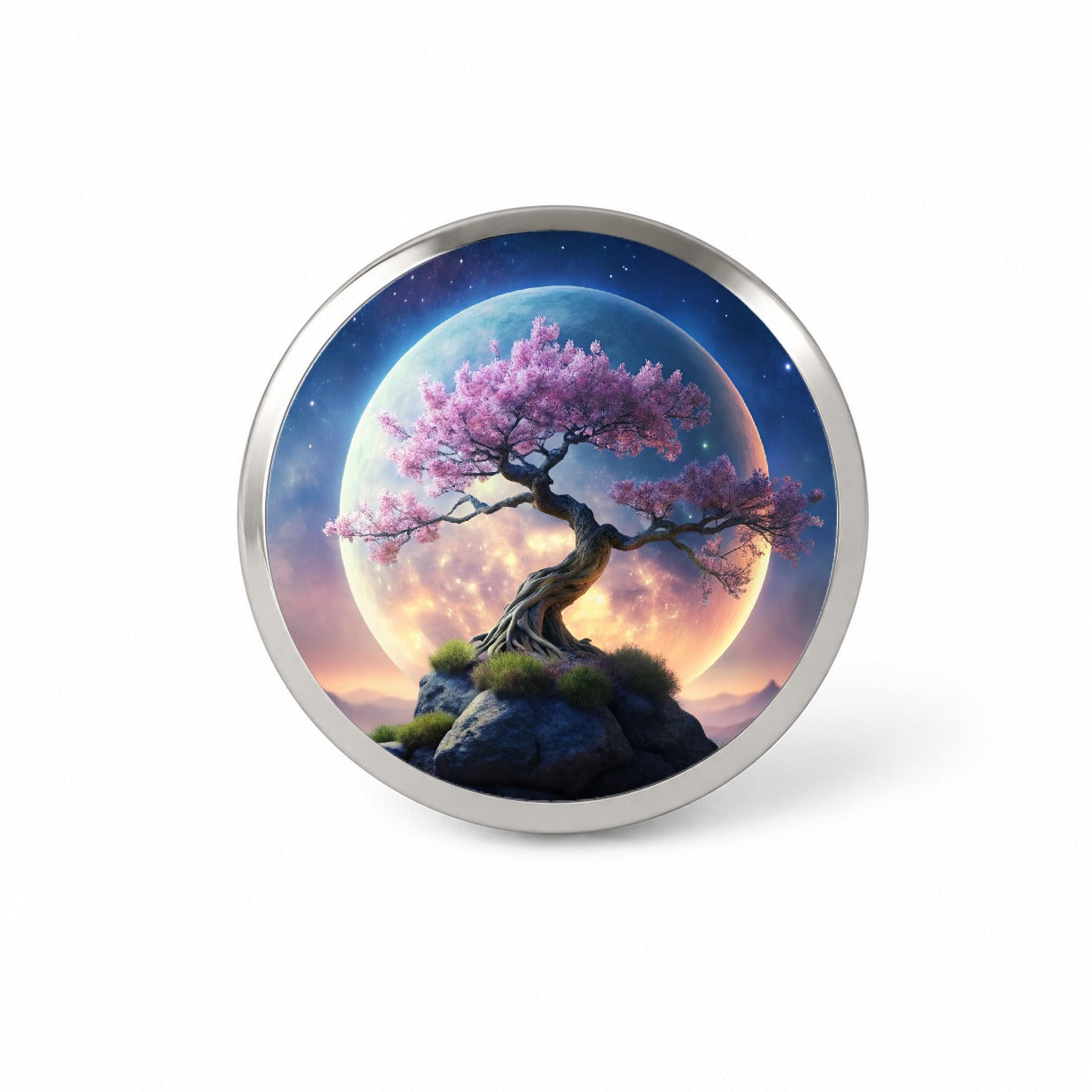 Japanese Bonsai Tree With Pink Flowers On Hill Under Large Moon Novelty Hat Backpack Lapel Pin