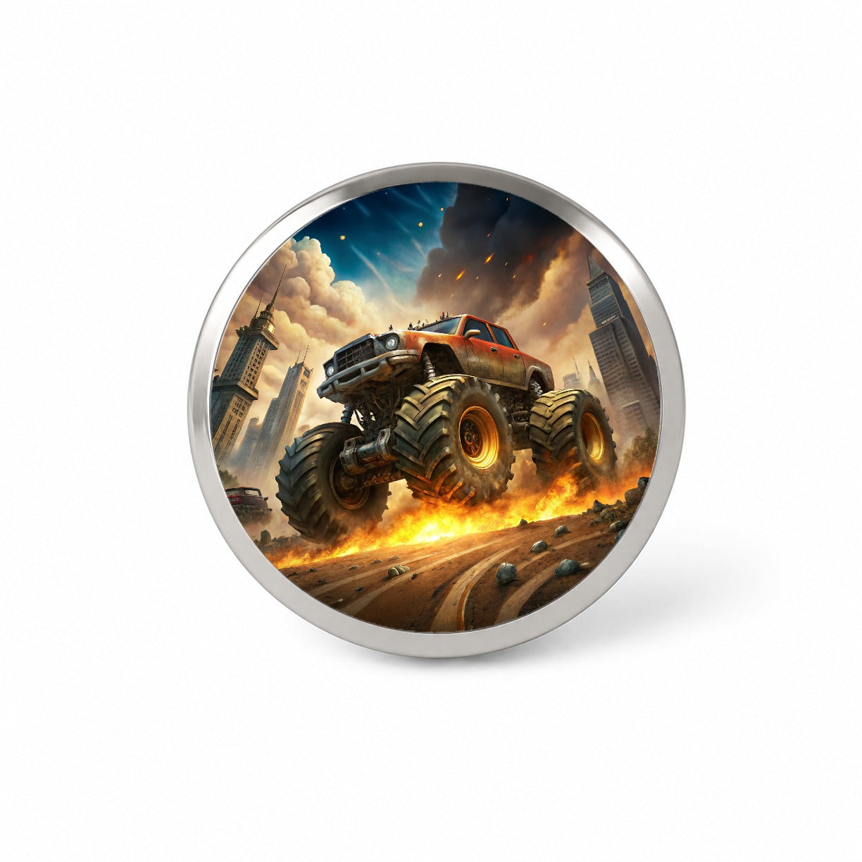 Monster Off-Road Truck Demolishing Cars Novelty Hat Backpack Lapel Pin