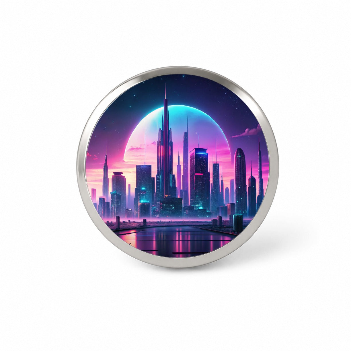 Purple Neon Sci-fi City Horizon Novelty Hat Backpack Lapel Pin