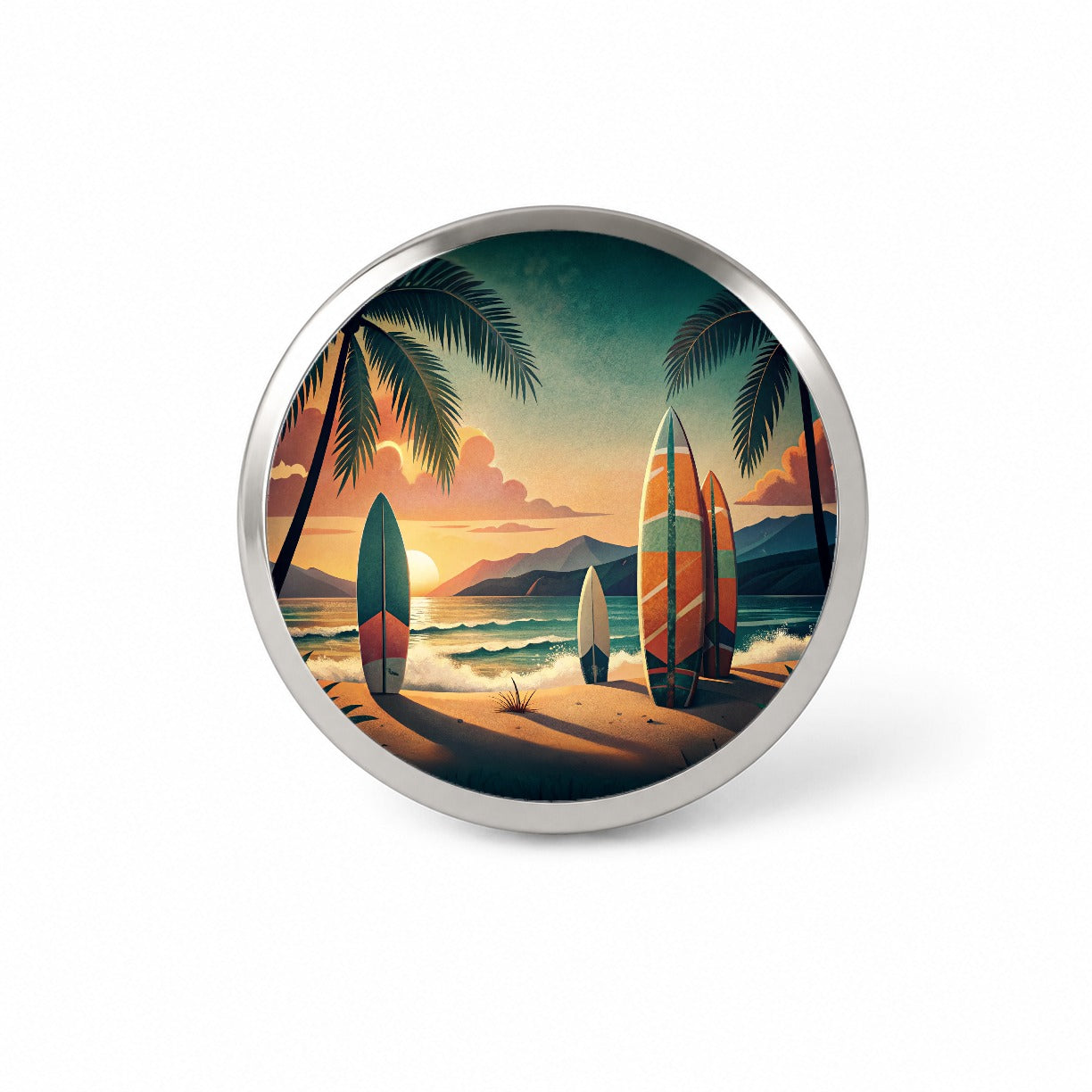 Retro Surfboards On Beach Tropical Sunset Illustration Novelty Hat Backpack Lapel Pin