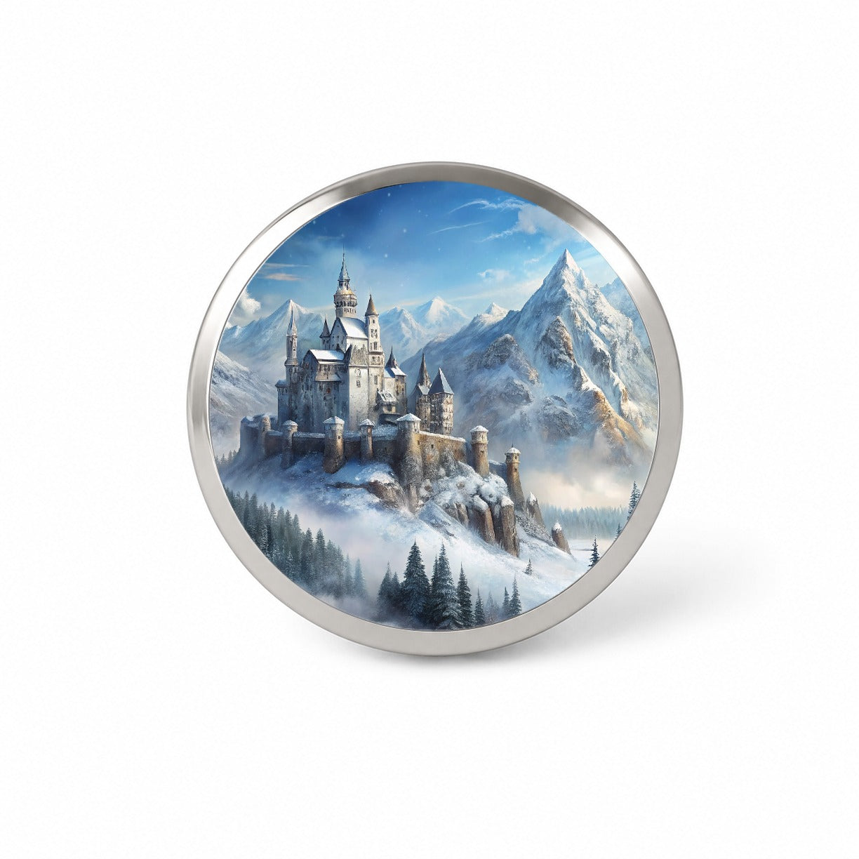 Snow Covered Castle In Mountains Landscape Novelty Hat Backpack Lapel Pin