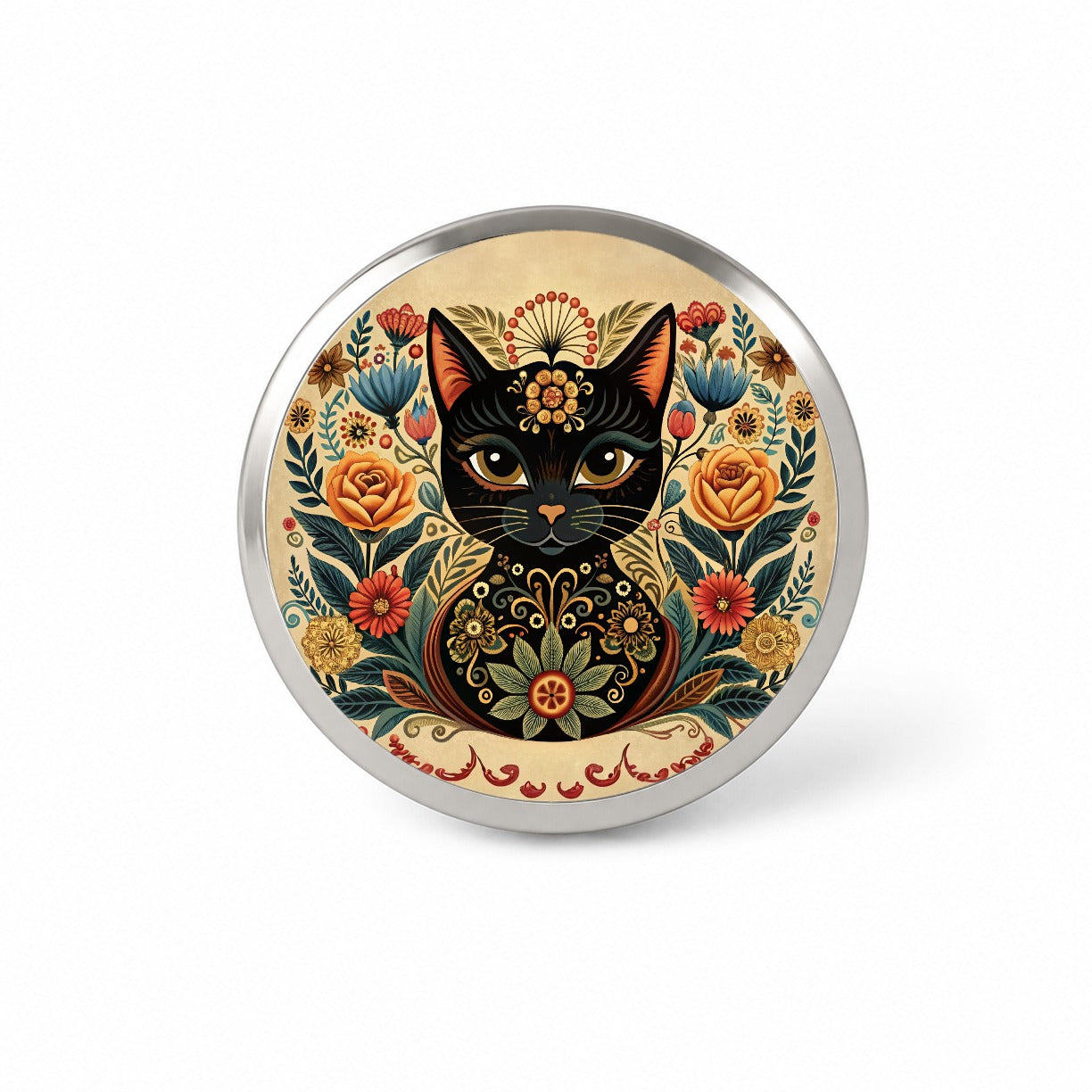 Stylized Black Cat Floral Design Novelty Hat Backpack Lapel Pin