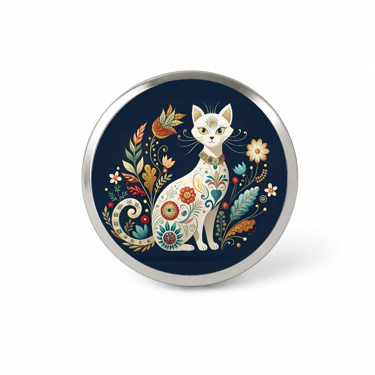 Stylized White Cat Floral Design Novelty Hat Backpack Lapel Pin