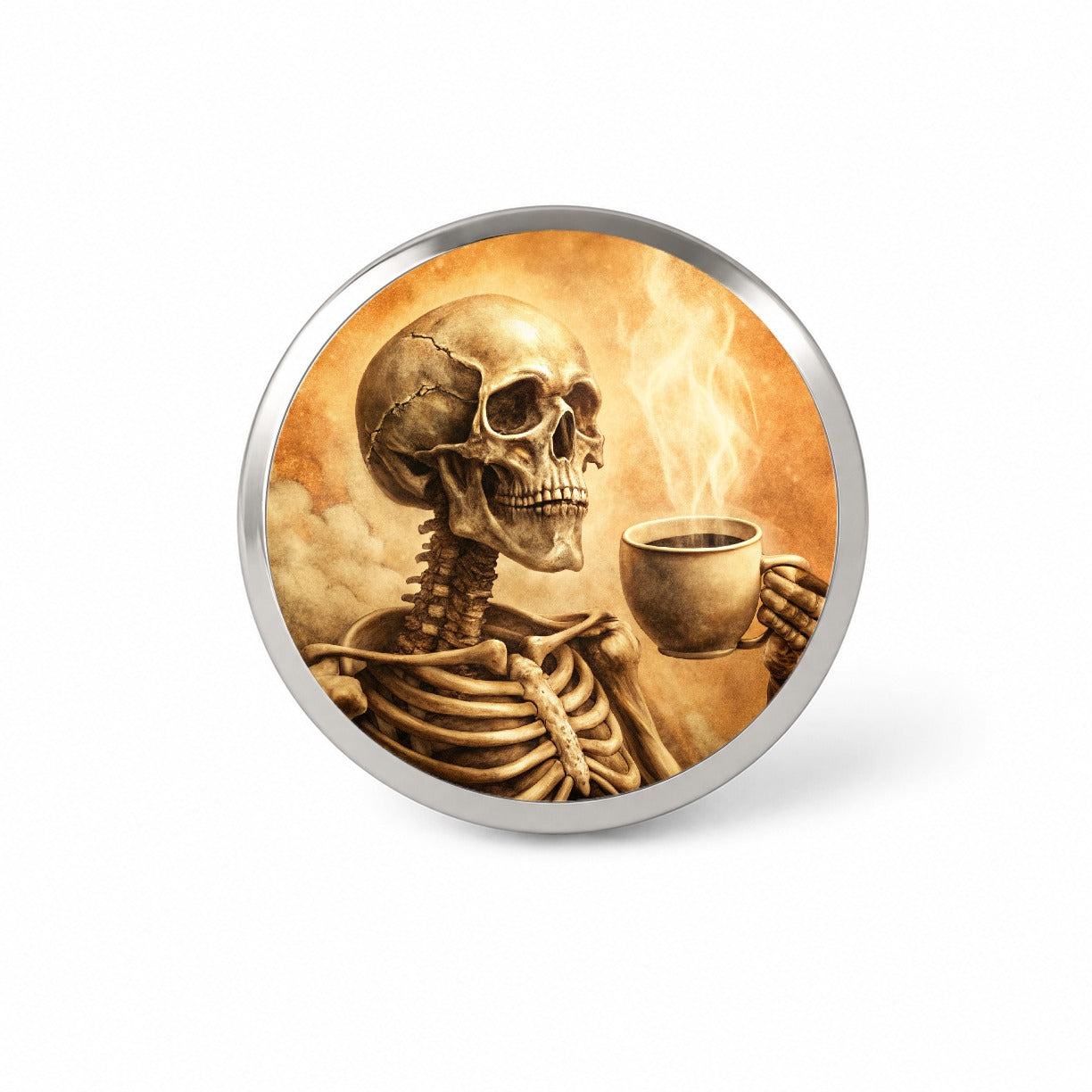 Vintage Skeleton Holding Cup Of Coffee Retro Novelty Hat Backpack Lapel Pin