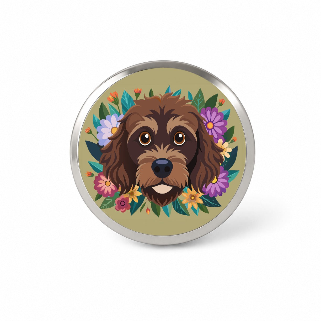 Brown Labradoodle Head Floral Motif Dog Cute Novelty Hat Backpack Lapel Pin
