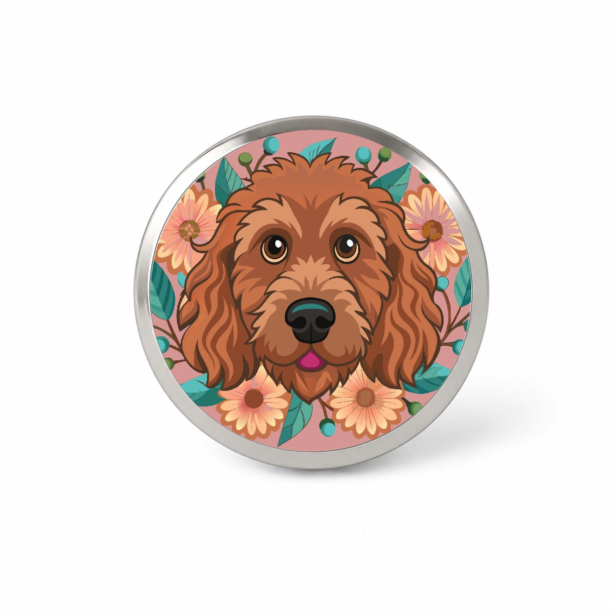 Brown Labradoodle Head Floral Motif Dog Pink Background Novelty Hat Backpack Lapel Pin