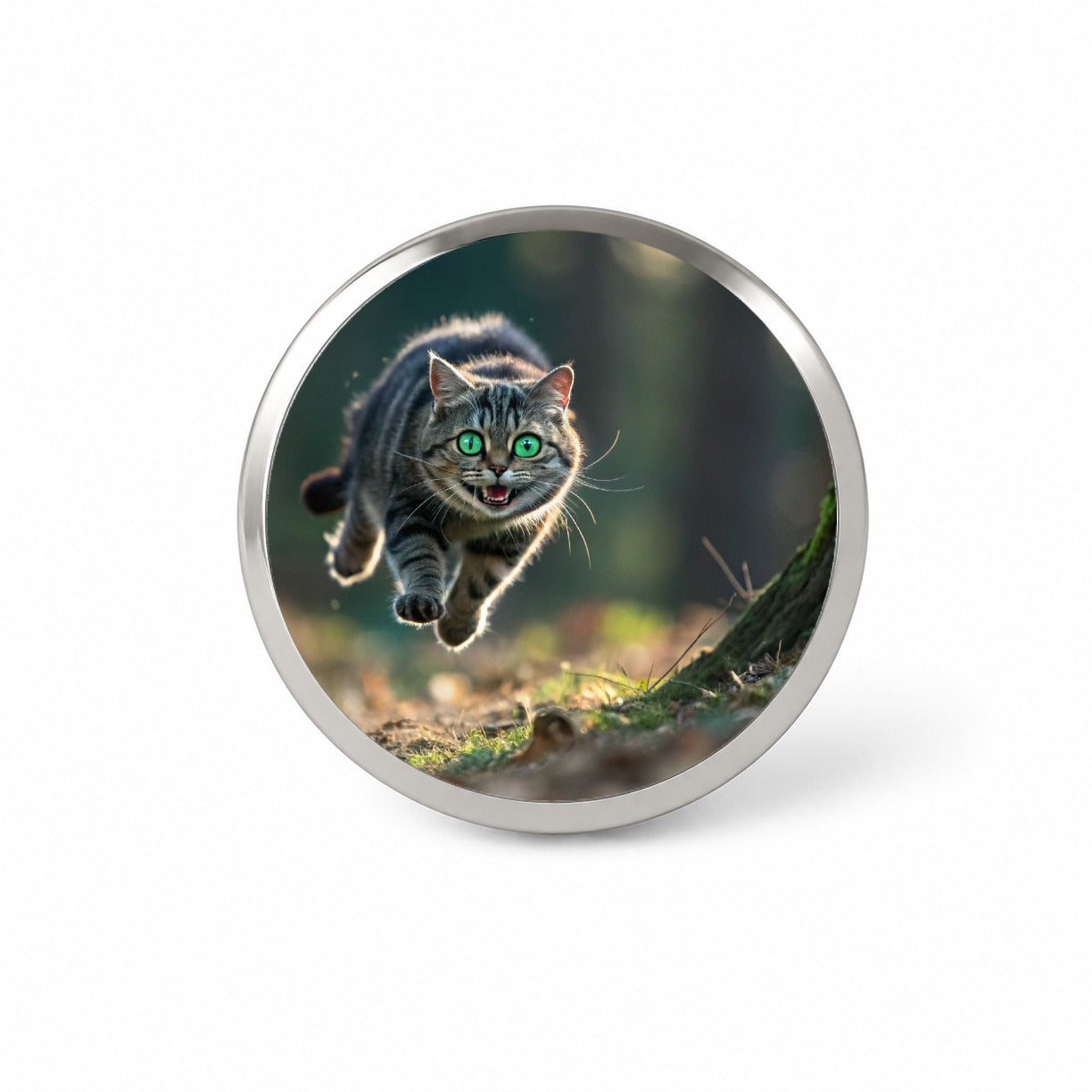 Cat Leaping Green Eyes Funny Novelty Hat Backpack Lapel Pin