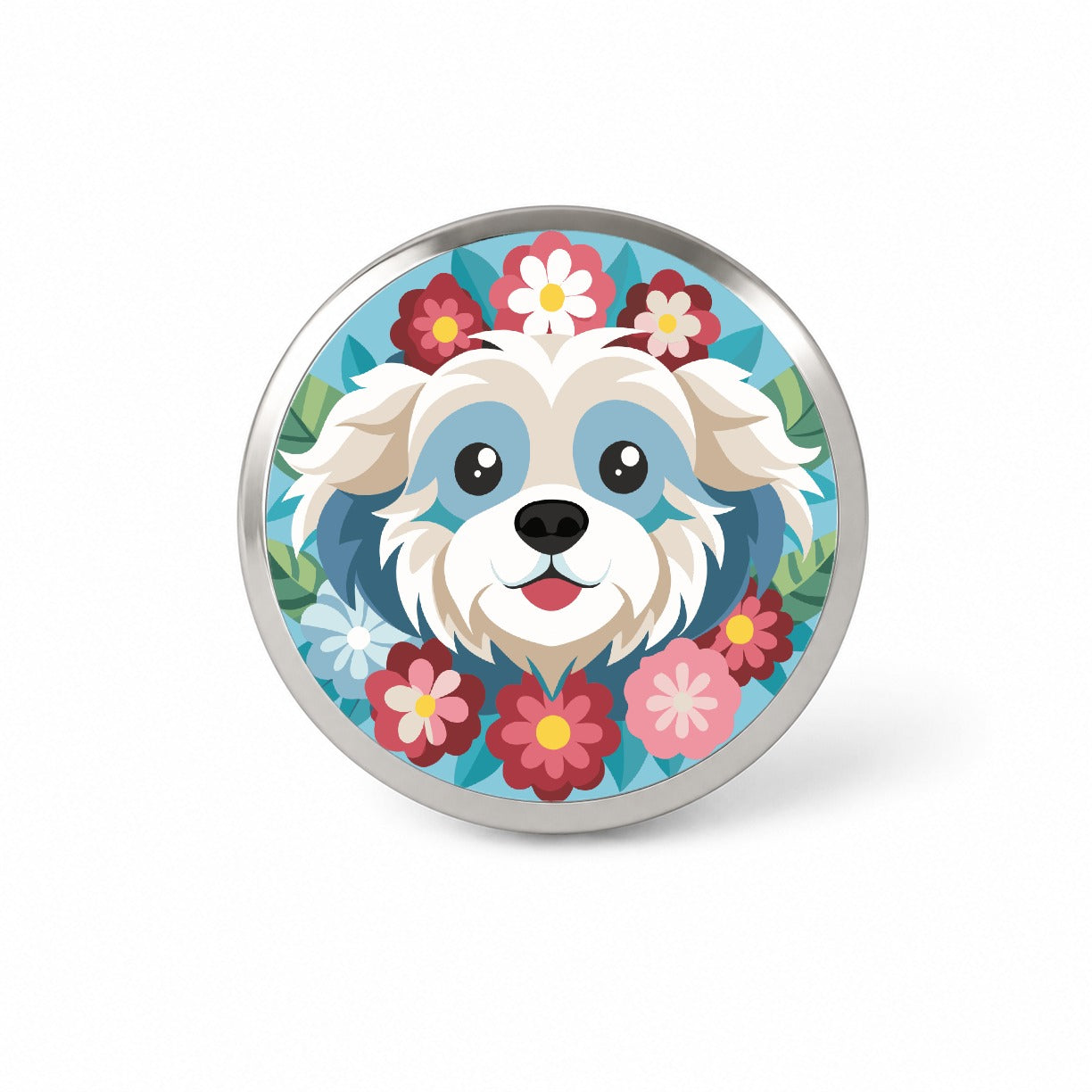Cavachon Head Floral Dog Motif Blue Background Novelty Hat Backpack Lapel Pin