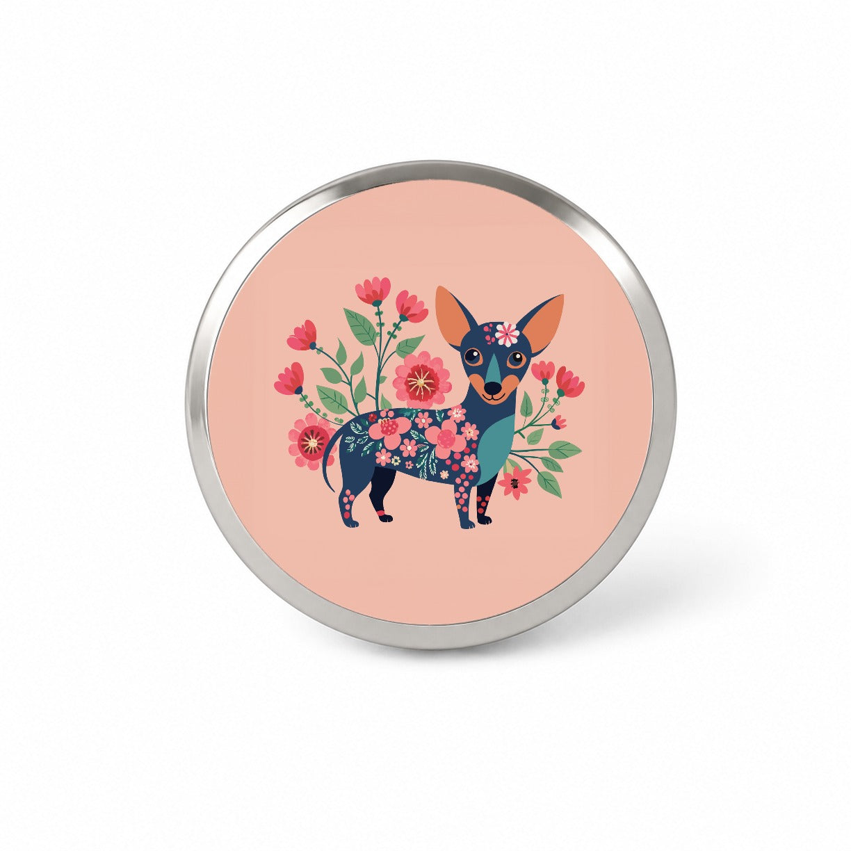 Chiweenie Floral Motif Pink Cute Dog Novelty Hat Backpack Lapel Pin