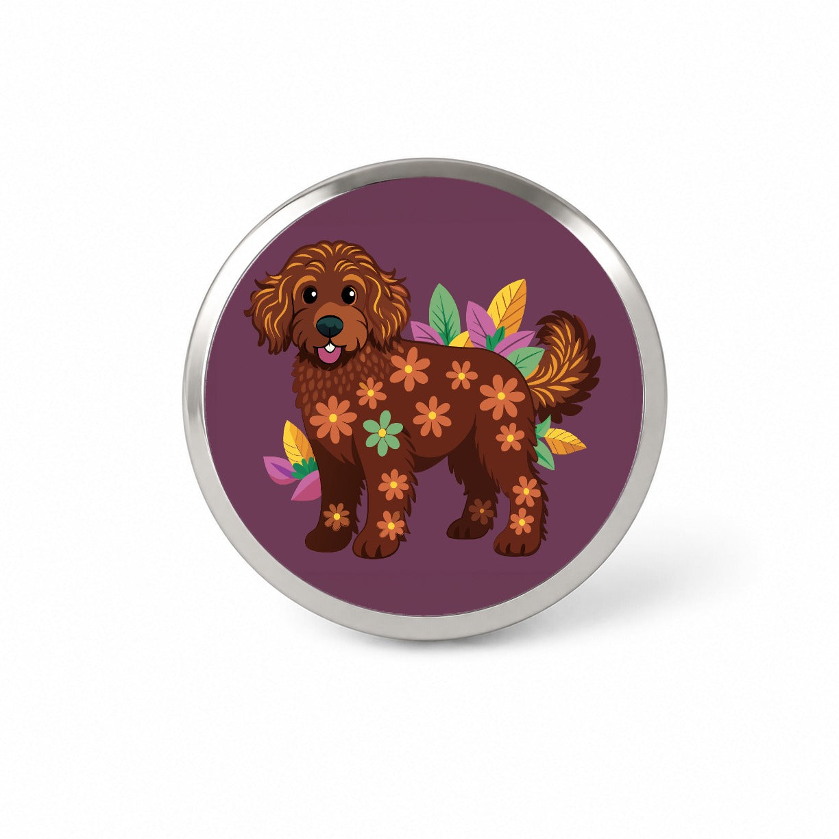 Dark Brown Golden Doodle Floral Motif Purple Dog Novelty Hat Backpack Lapel Pin