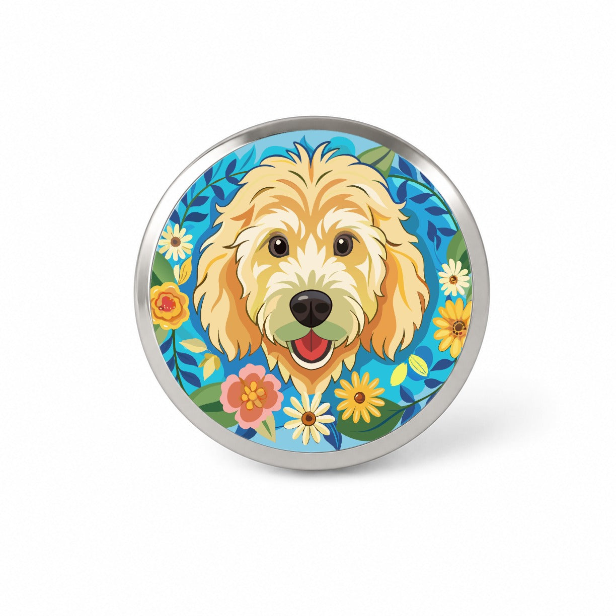 Golden Doodle Head Floral Motif Blue Background Dog Novelty Hat Backpack Lapel Pin