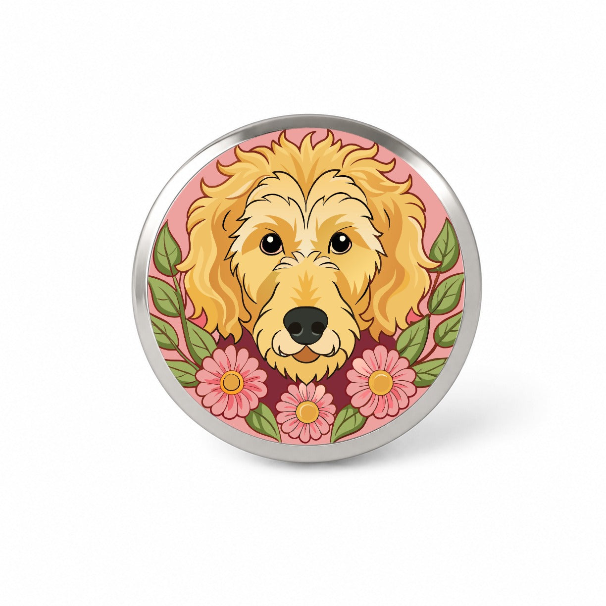 Golden Doodle Head Floral Motif Pink Dog Novelty Hat Backpack Lapel Pin