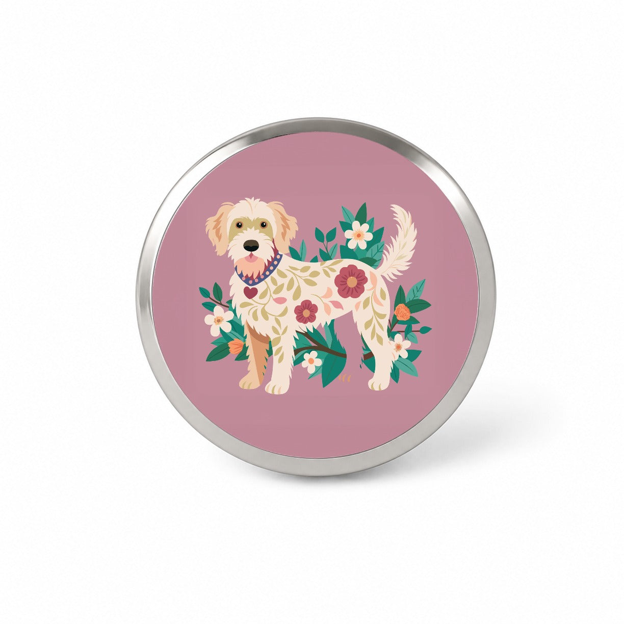 Labradoodle Floral Motif Standing Dog Novelty Hat Backpack Lapel Pin