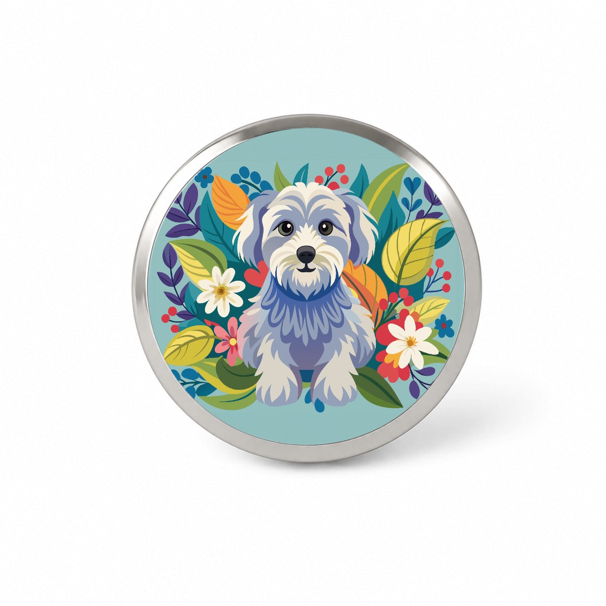 Schnoodle Floral Motif Blue Dog Novelty Hat Backpack Lapel Pin
