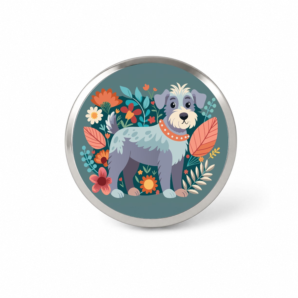 Schnoodle Floral Motif Dog Gray Novelty Hat Backpack Lapel Pin