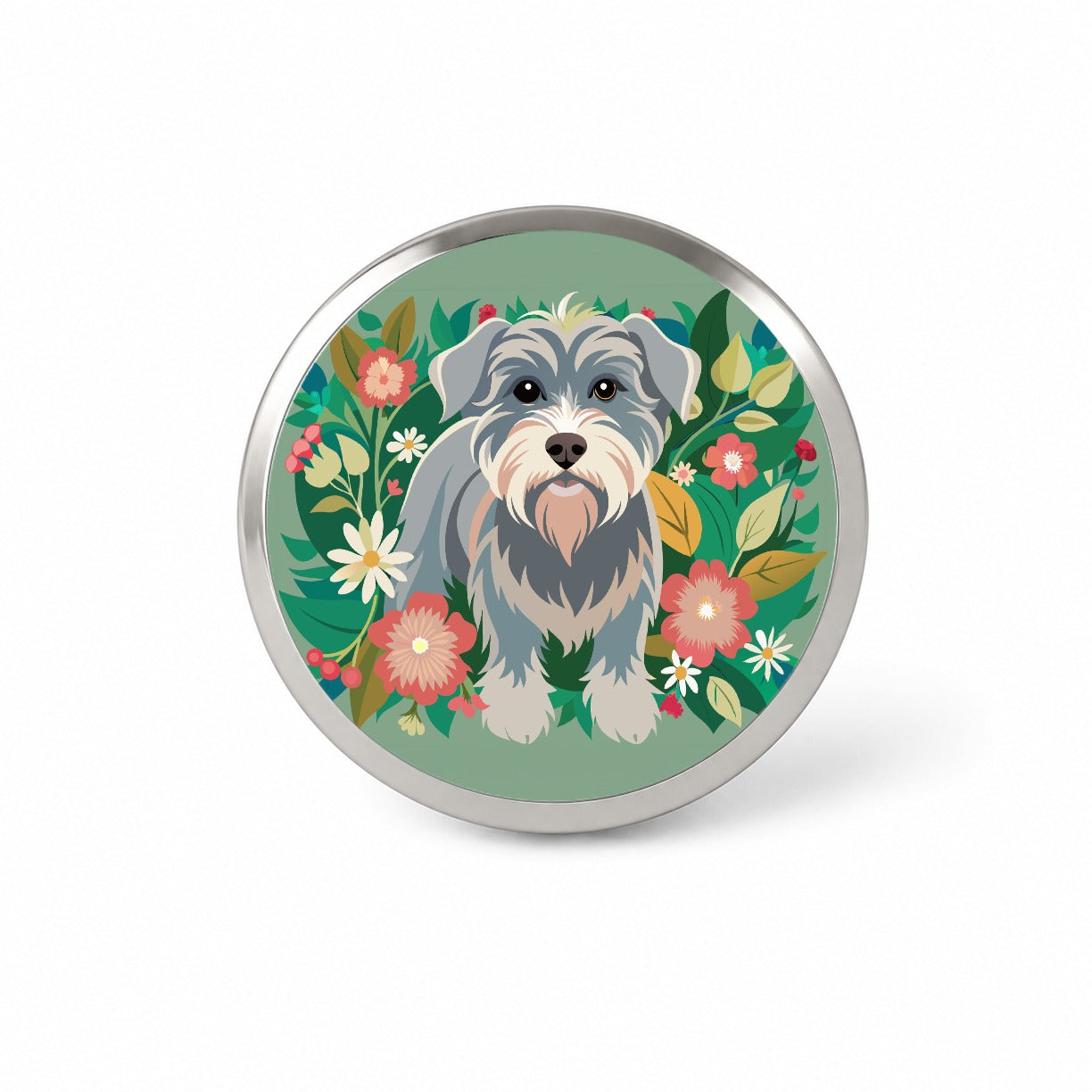 Schnoodle Floral Motif Green Dog Novelty Hat Backpack Lapel Pin