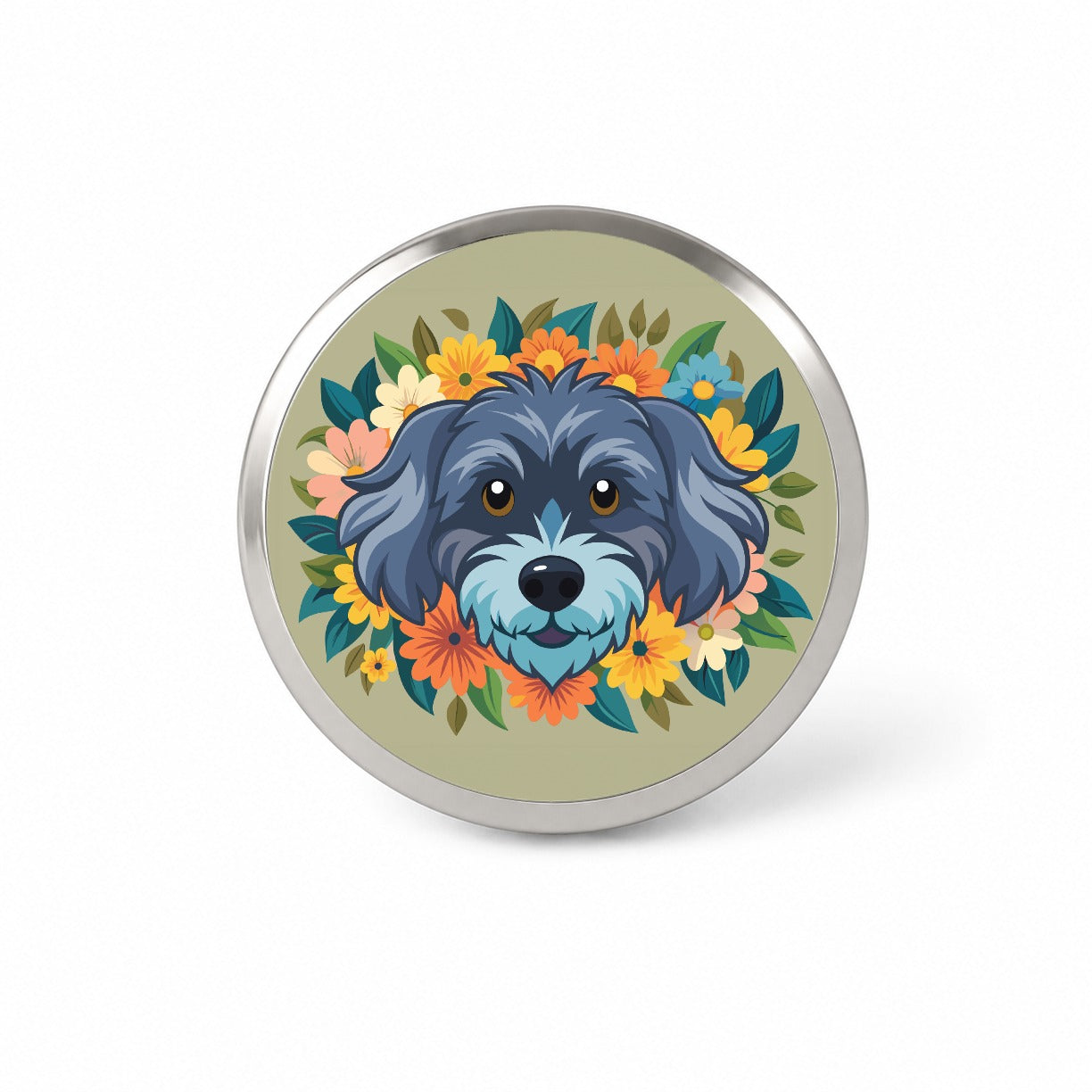 Schnoodle Head Floral Motif Dog Novelty Hat Backpack Lapel Pin