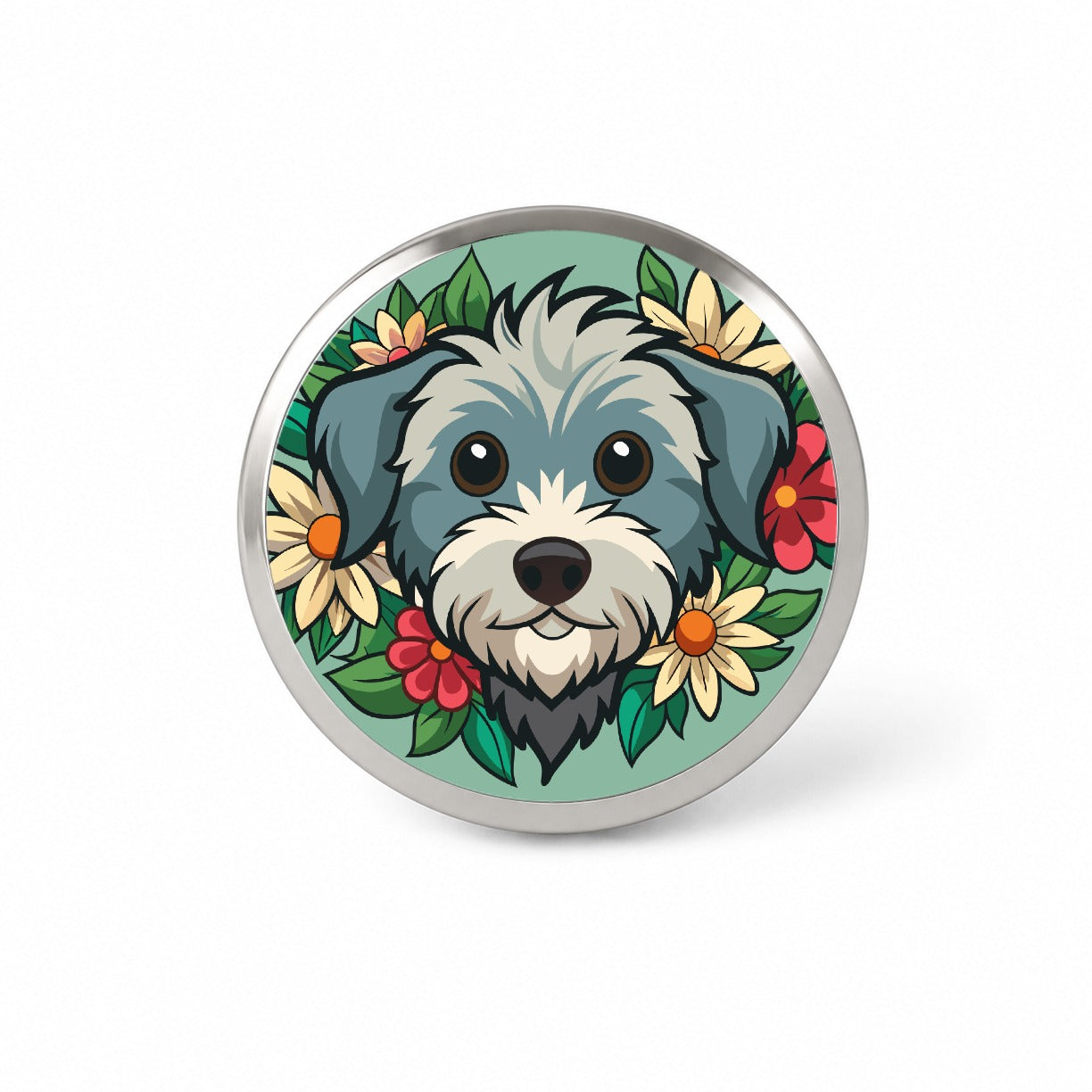 Schnoodle Head Floral Motif Green Dog Novelty Hat Backpack Lapel Pin