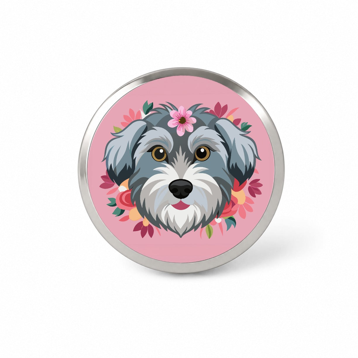 Schnoodle Head Floral Motif Pink Dog Novelty Hat Backpack Lapel Pin