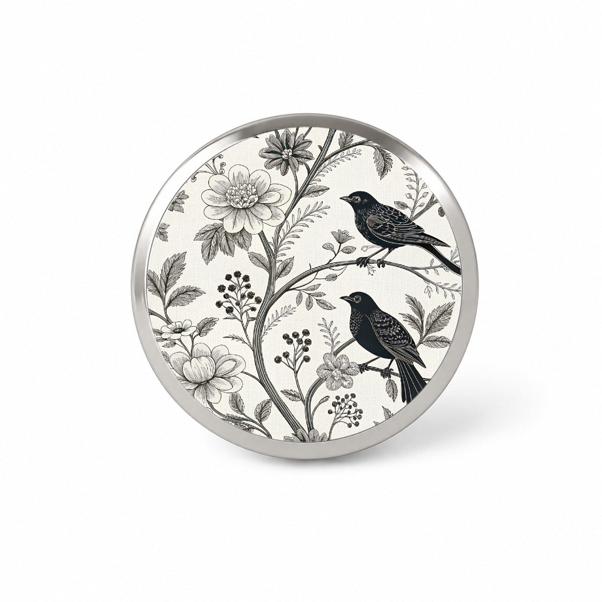 Black On White Toile With Birds Novelty Hat Backpack Lapel Pin