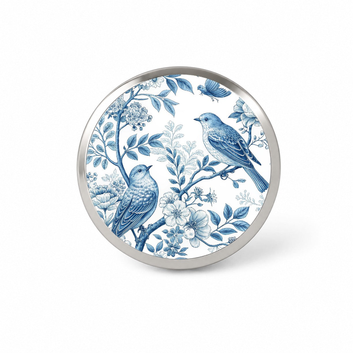 Blue On White Toile With Birds Novelty Hat Backpack Lapel Pin