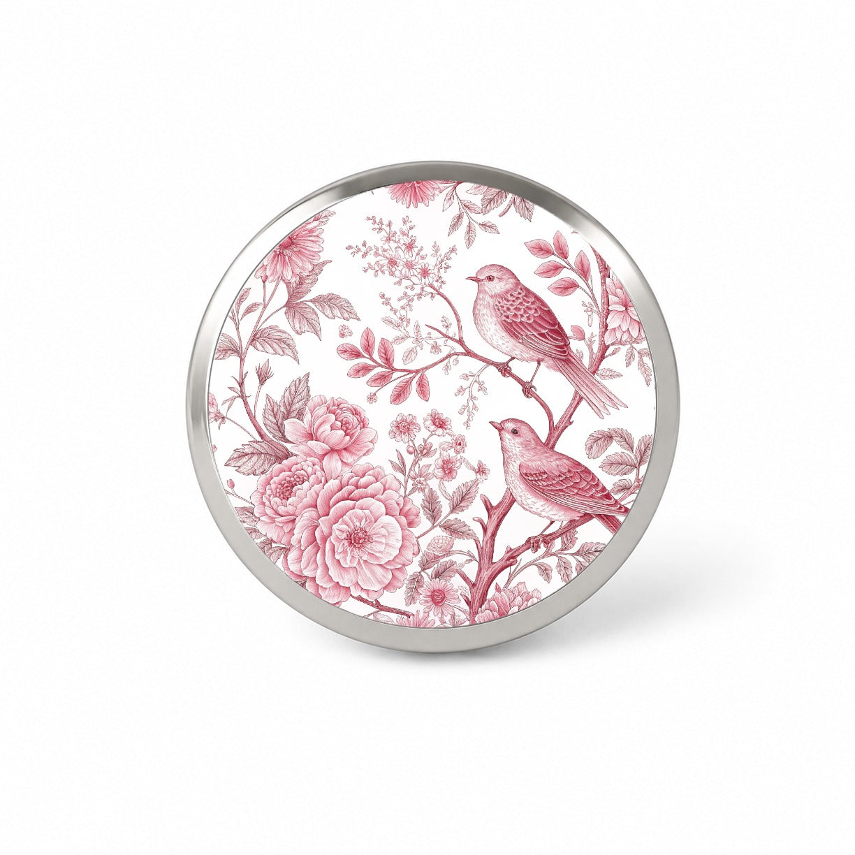 Pink On White Toile With Birds Novelty Hat Backpack Lapel Pin
