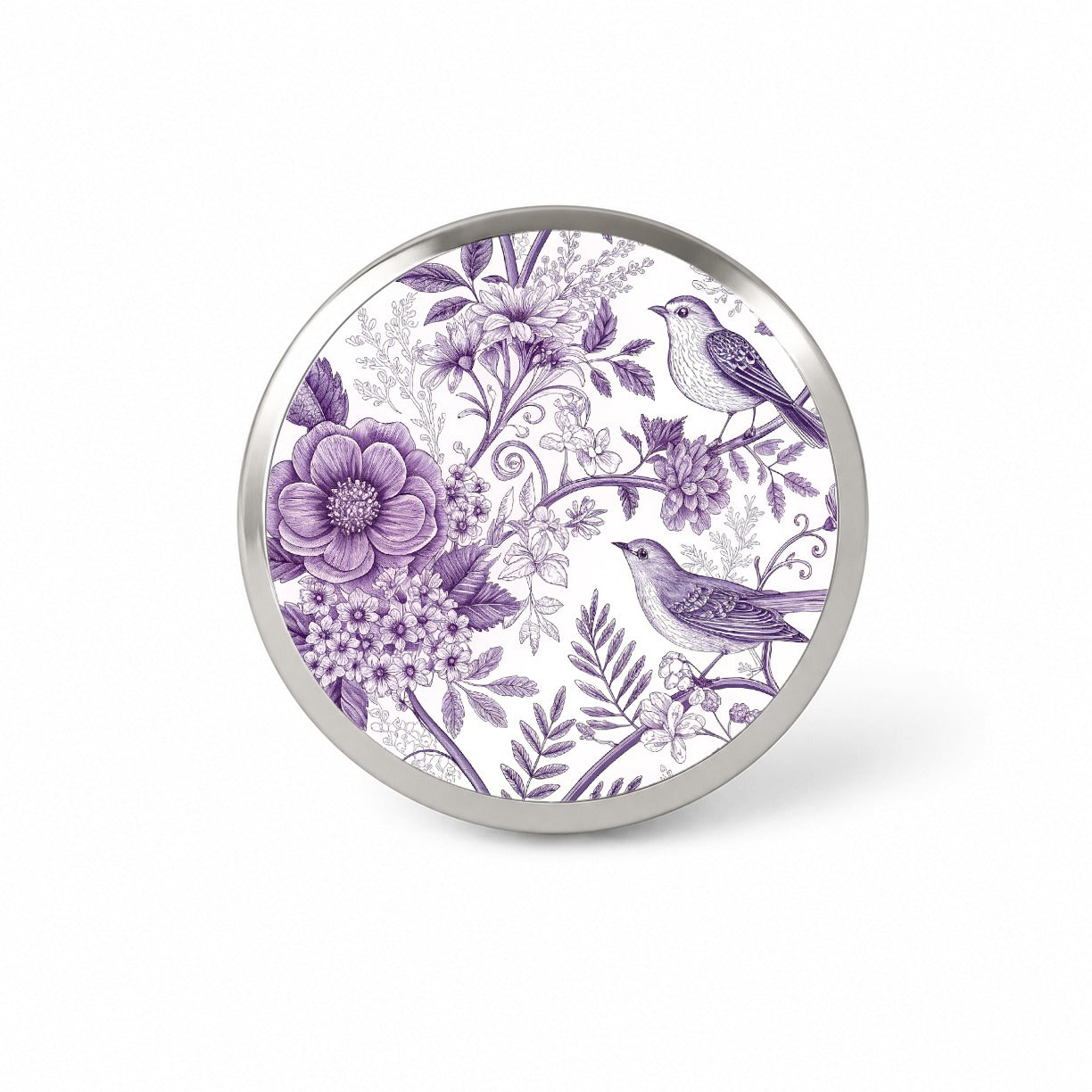 Purple On White Toile With Birds Novelty Hat Backpack Lapel Pin