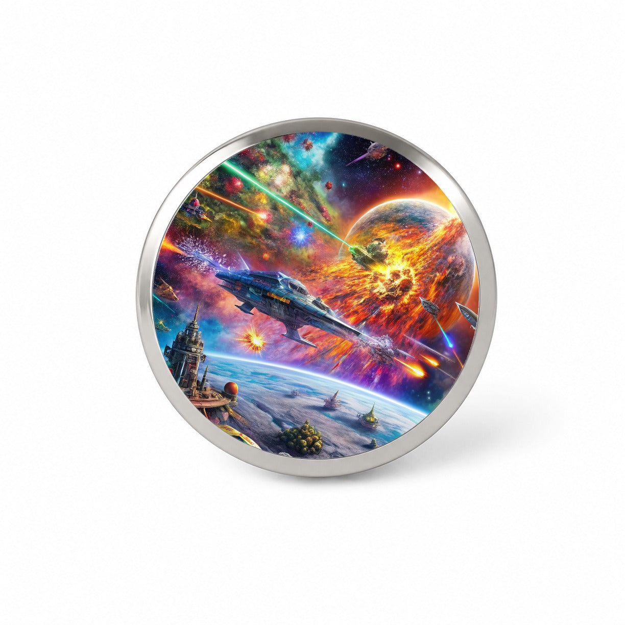 Psychedelic Colorful Space Sci-fi Starship Battle Novelty Hat Backpack Lapel Pin