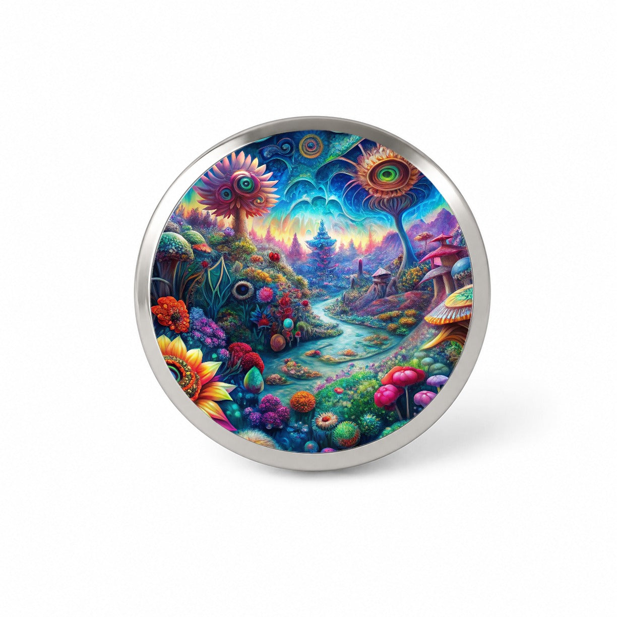 Psychedelic Lots of Flowers Vibrant Colors Novelty Hat Backpack Lapel Pin