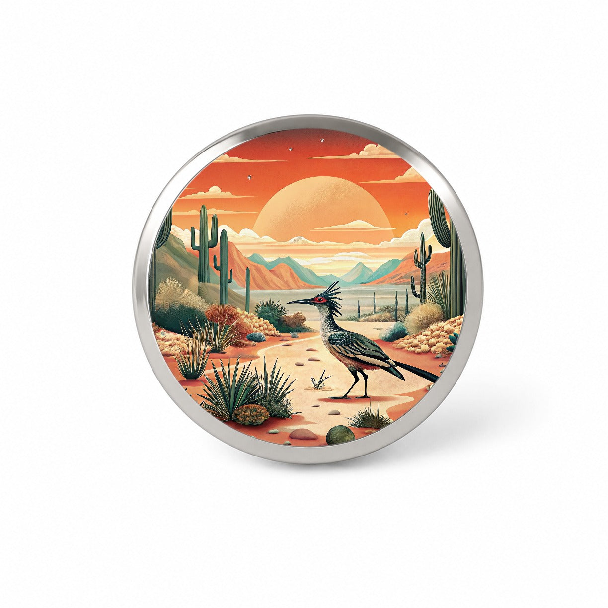 Southwestern Desert Sunrise Roadrunner Design Novelty Hat Backpack Lapel Pin