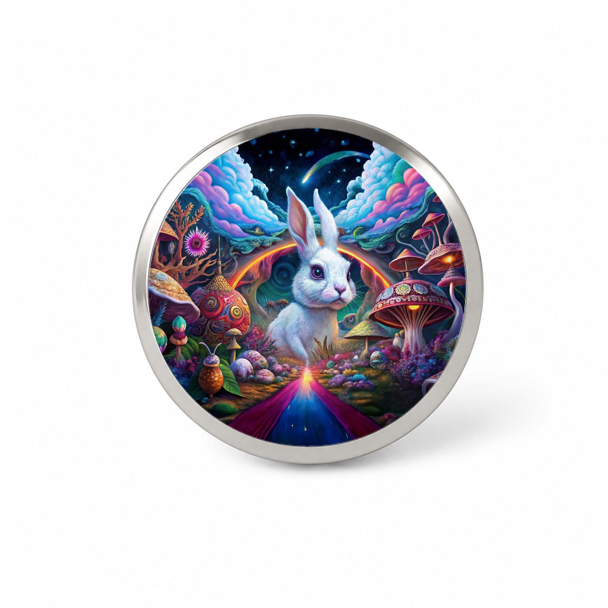 White Rabbit Psychedelic Trippy Wonderland Design Novelty Hat Backpack Lapel Pin