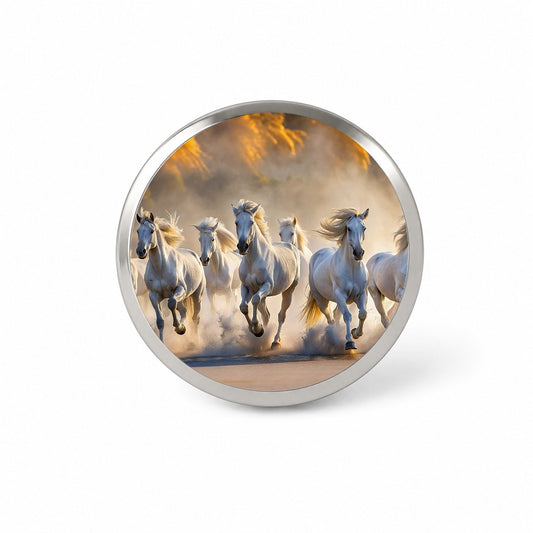 White Horses Galloping Out Of The Mist Novelty Hat Backpack Lapel Pin