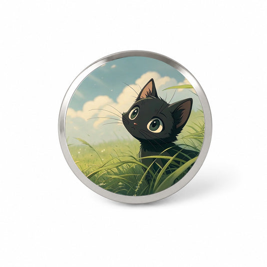 Black Kitten Cat in Field of Grass Anime Style Novelty Hat Backpack Lapel Pin