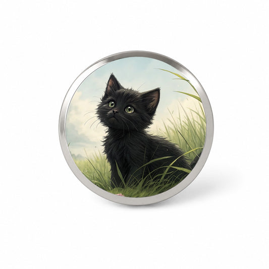 Black Kitten Cat in Field Novelty Hat Backpack Lapel Pin