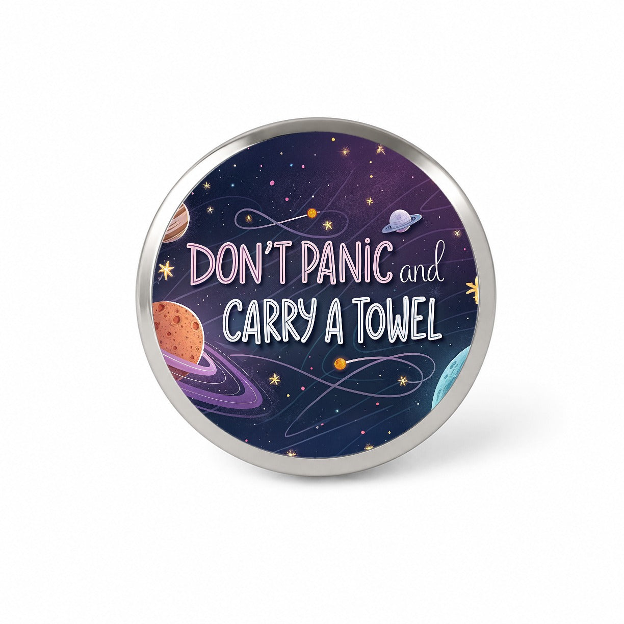 Don't Panic And Carry A Towel Funny Sci-Fi Novelty Hat Backpack Lapel Pin