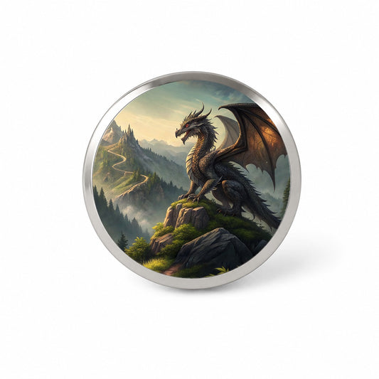 Fantasy Dragon on Mountain Illustration Novelty Hat Backpack Lapel Pin