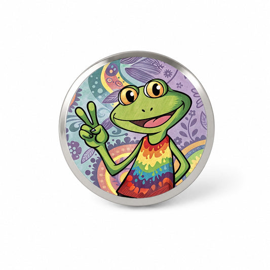 Frog Giving Peace Sign Hippie Tie Dye Novelty Hat Backpack Lapel Pin