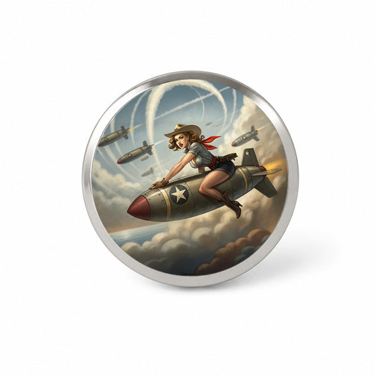 Rockabilly Patriotic Pin-Up Cowgirl Riding Bomb Funny Novelty Hat Backpack Lapel Pin