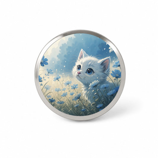 White Kitten in Field Of Blue Flowers Anime Style Novelty Hat Backpack Lapel Pin
