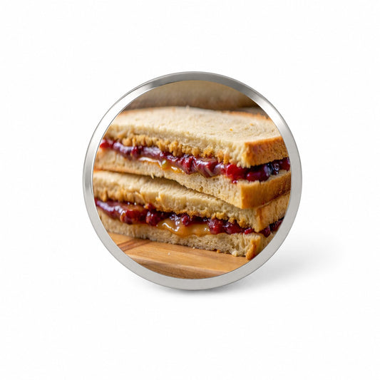 Close-up of a PB&J Peanut Butter And Jelly Sandwich Novelty Hat Backpack Lapel Pin