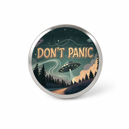 Don't Panic Retro UFO Invasion Funny Novelty Hat Backpack Lapel Pin