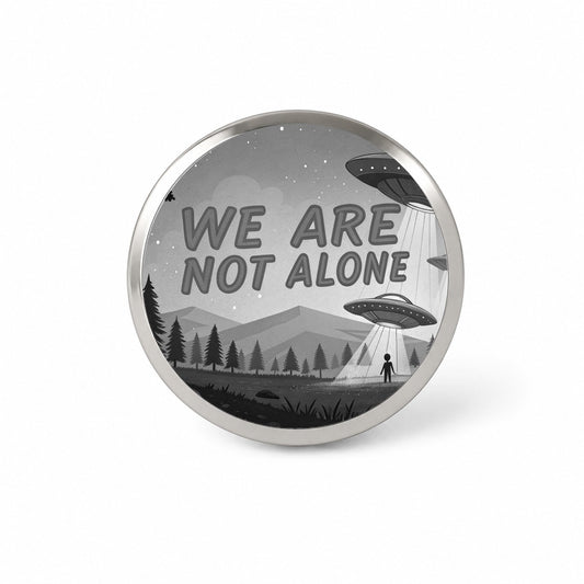 We Are Not Alone Funny Retro UFO Black And White Novelty Hat Backpack Lapel Pin