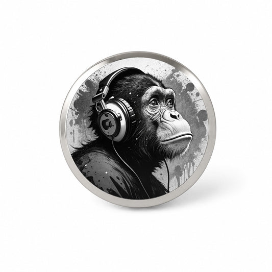 Artsy B&W Monkey with Headphones Novelty Hat Backpack Lapel Pin
