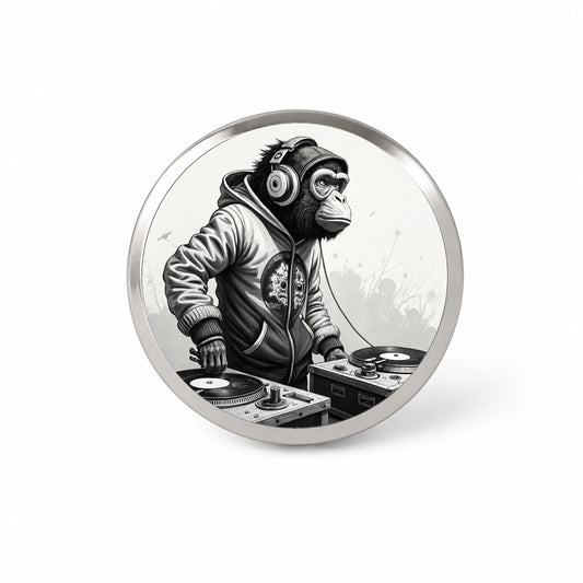 DJ Monkey with Headphones B&W Novelty Hat Backpack Lapel Pin