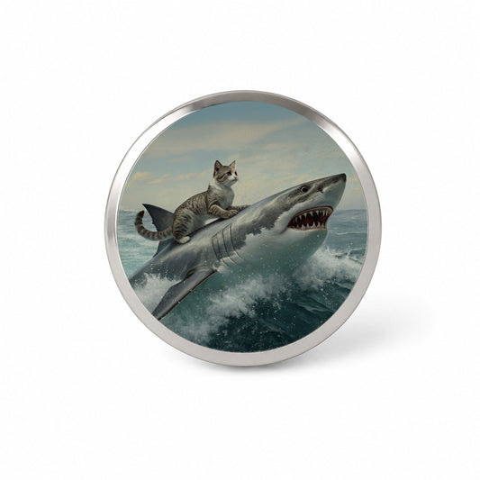 Cat Riding Shark Funny Novelty Hat Backpack Lapel Pin